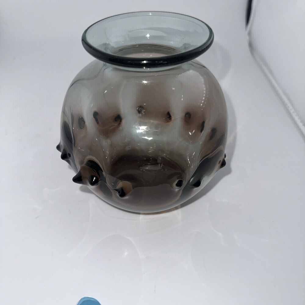 Signed Buzz Williams 80 Hand Blown Art Glass Vase Smoky Gray Prunts Studio Decor